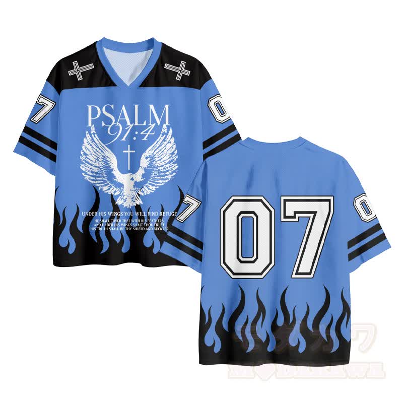 PSALM Flügelkreuz Nummer Grafik Vintage Mesh Jersey T-Shirt - Blau - 4XL - image 1