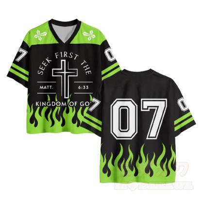 KINGDOM OF GOD Kreuzzahlen-Grafik Vintage Mesh Jersey T-Shirt - Grün - 4XL - image 1