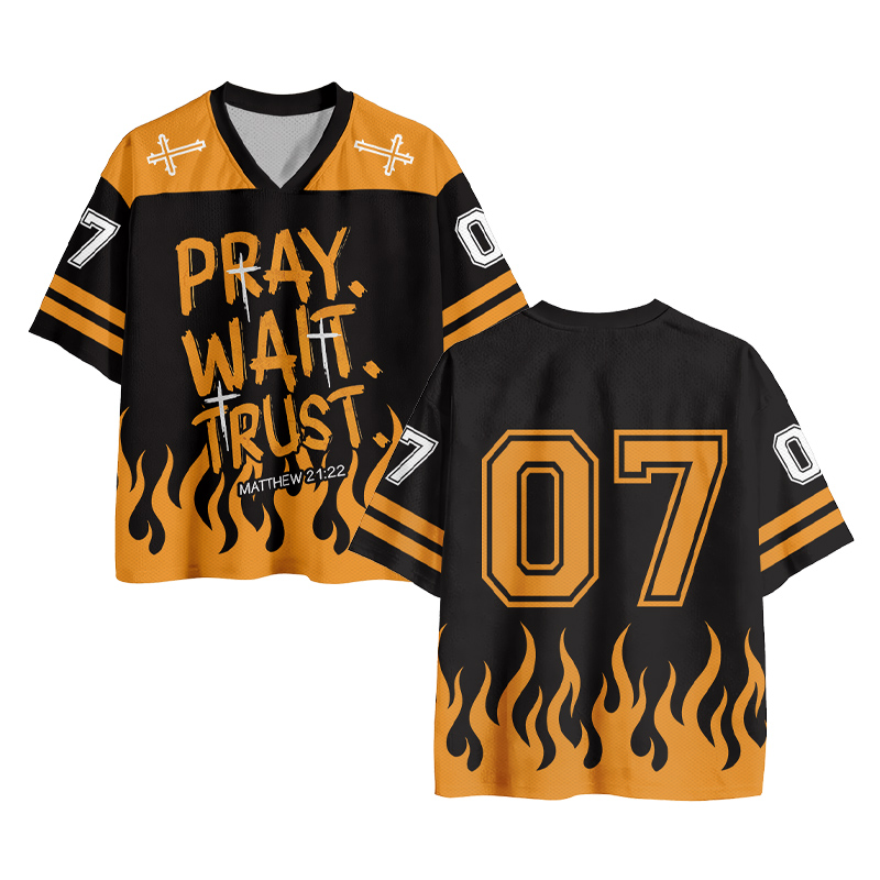 BETEN WARTEN VERTRAUEN Kreuz Feuer Nummer Grafik Vintage Mesh Jersey T-Shirt - Orange - 4XL - image 1