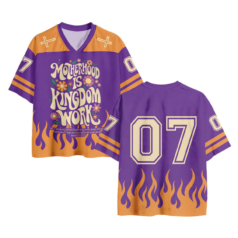 MUTTERSCHAFT IST KÖNIGREICHSARBEIT Cross Fire Nummer Grafik Vintage Mesh Jersey T-Shirt - Orange & Purple - 4XL - image 1