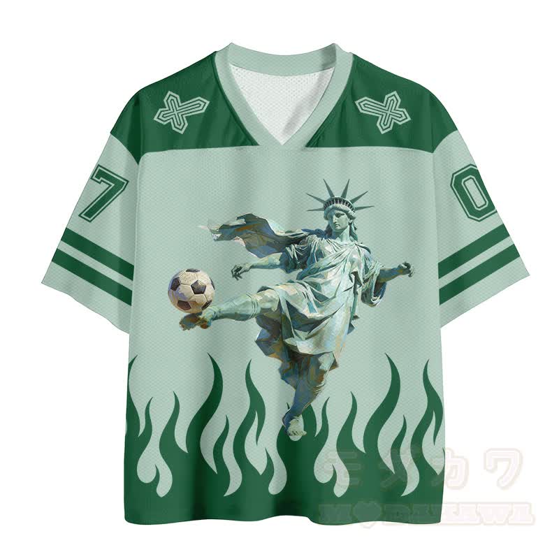 Fußballtrikot mit Freiheitsstatue-Motiv, Kreuz, Feuernummer, Grafik, Vintage-Mesh-Trikot - image 2