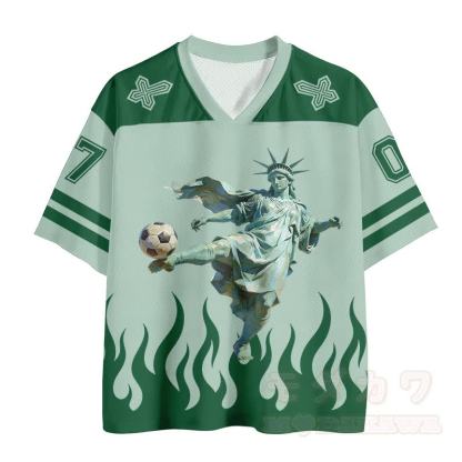 Fußballtrikot mit Freiheitsstatue-Motiv, Kreuz, Feuernummer, Grafik, Vintage-Mesh-Trikot - image 2