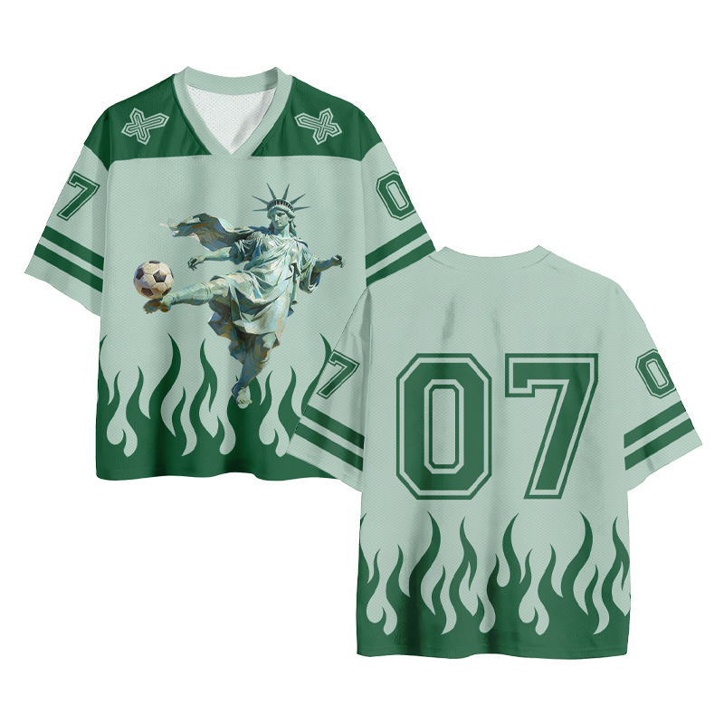 Fußballtrikot mit Freiheitsstatue-Motiv, Kreuz, Feuernummer, Grafik, Vintage-Mesh-Trikot - Green - 4XL - image 1