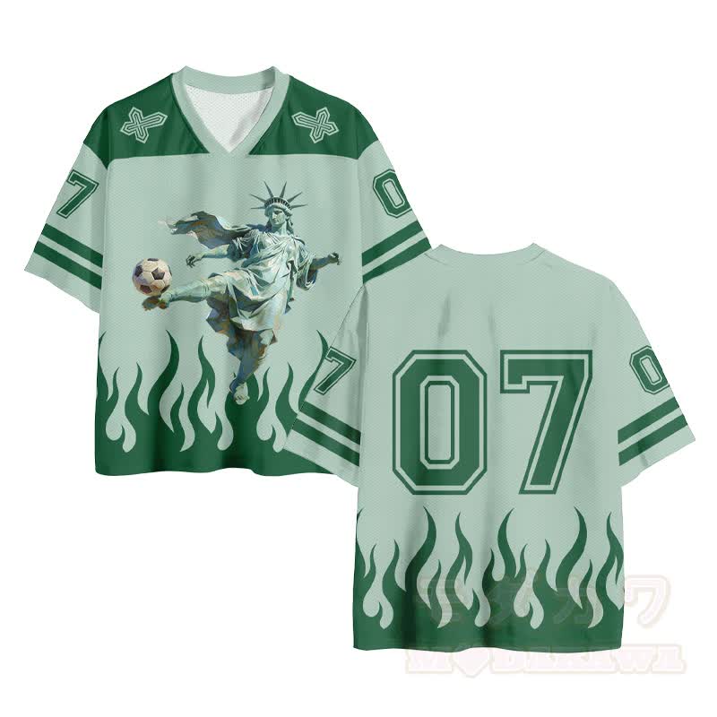 Fußballtrikot mit Freiheitsstatue-Motiv, Kreuz, Feuernummer, Grafik, Vintage-Mesh-Trikot - Grün - 4XL - image 1