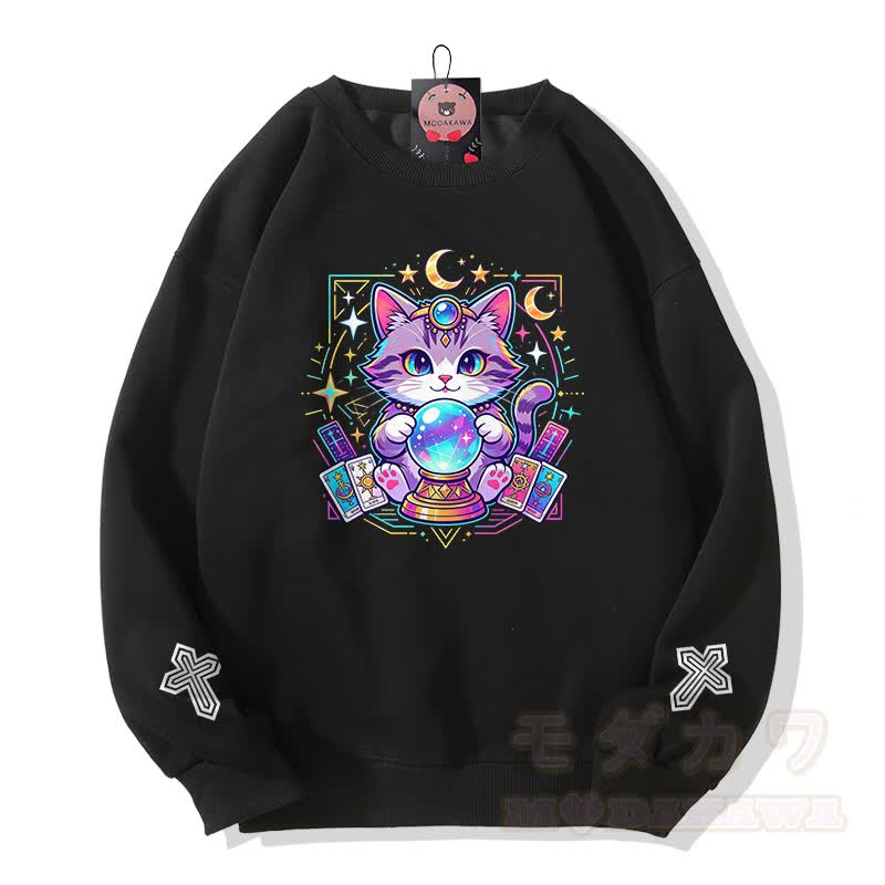 Tarot-Katze-Kristallkugel-Kreuz-Grafik Modakawa Sweatshirt - Schwarz - 5XL - image 2