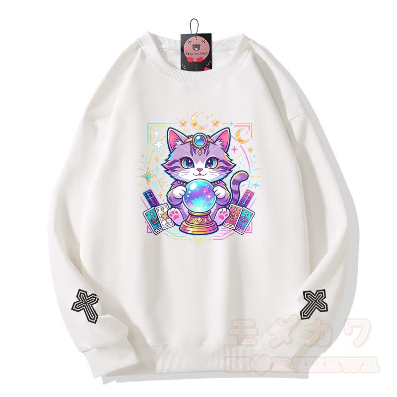 Tarot-Katze-Kristallkugel-Kreuz-Grafik Modakawa Sweatshirt - Weiß - 5XL - image 1