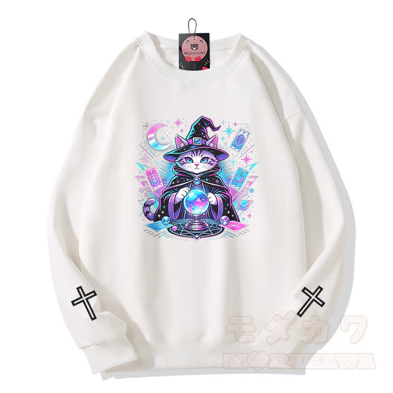 Tarot Hexe Katze Kreuz Grafik Modakawa Sweatshirt - Weiß - 5XL - image 2