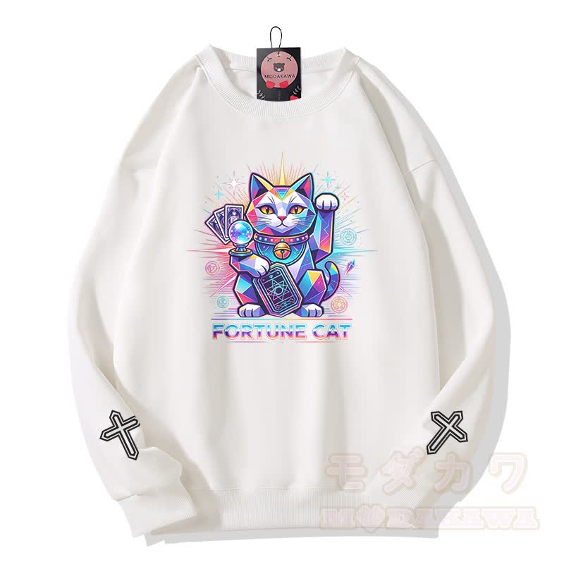 FORTUNE CAT Tarot Kreuz Grafik Modakawa Sweatshirt - Weiß - 5XL - image 2