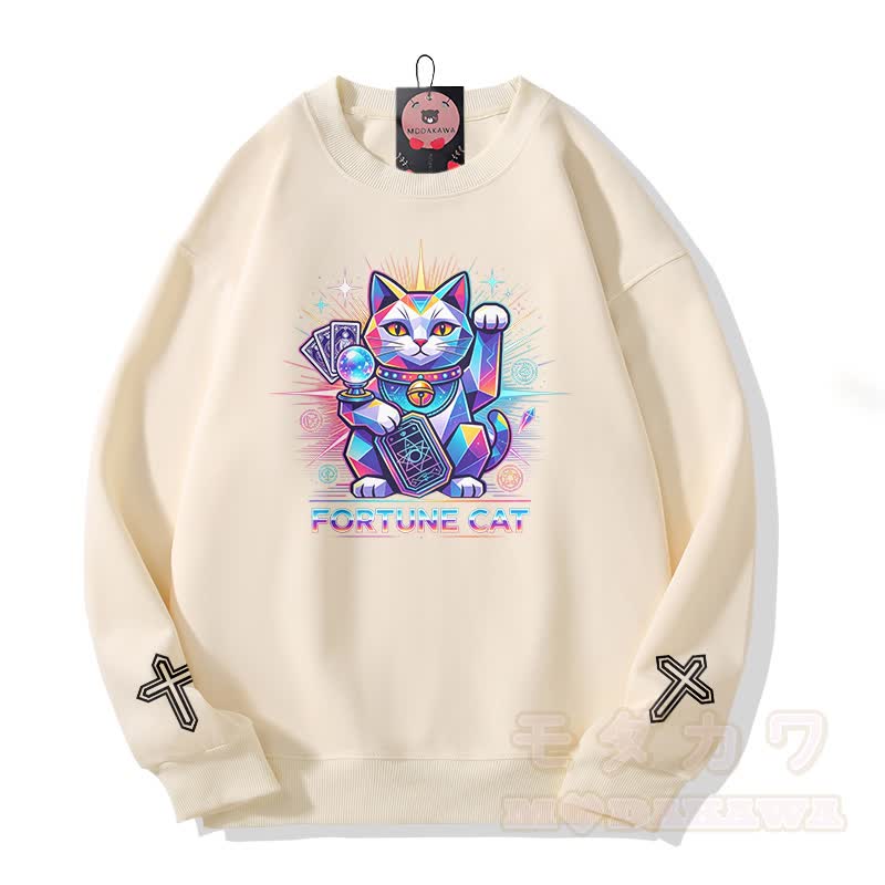 FORTUNE CAT Tarot Kreuz Grafik Modakawa Sweatshirt - Beige - 5XL - image 3