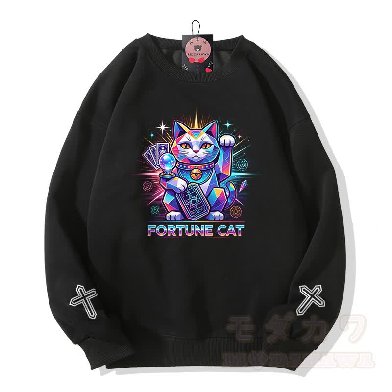 FORTUNE CAT Tarot Kreuz Grafik Modakawa Sweatshirt - Schwarz - 5XL - image 1