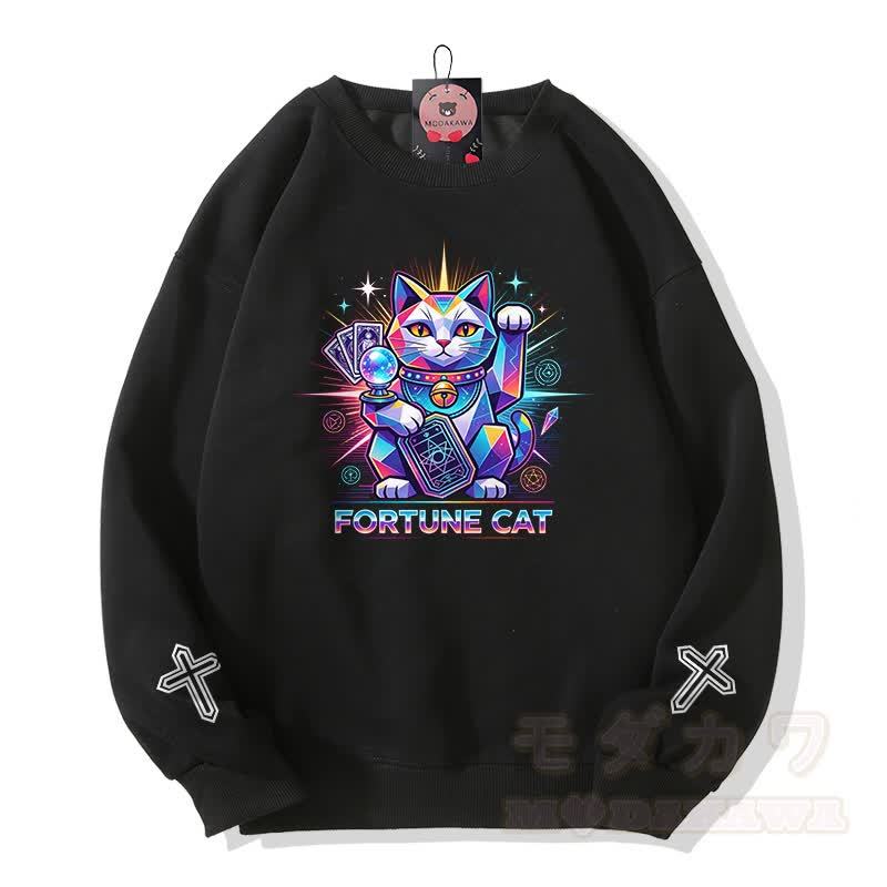 FORTUNE CAT Tarot Kreuz Grafik Modakawa Sweatshirt - Schwarz - 5XL - image 1