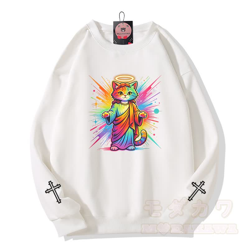 Modakawa Sweatshirt mit Regenbogen-Engel-Katzenkreuz-Grafik - Weiß - 5XL - image 2