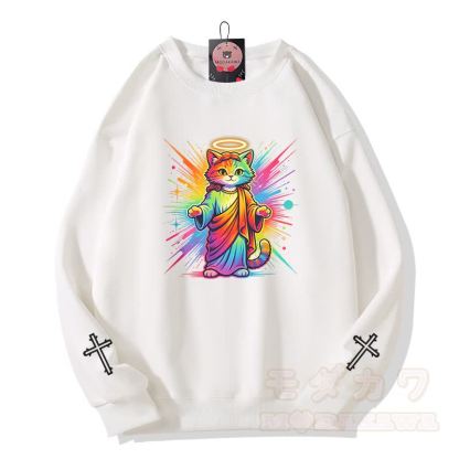 Modakawa Sweatshirt mit Regenbogen-Engel-Katzenkreuz-Grafik - Weiß - 5XL - image 2