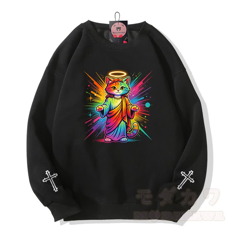 Modakawa Sweatshirt mit Regenbogen-Engel-Katzenkreuz-Grafik - Schwarz - 5XL - image 1