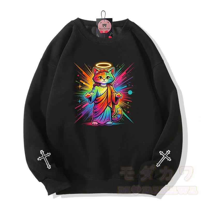 Modakawa Sweatshirt mit Regenbogen-Engel-Katzenkreuz-Grafik - Schwarz - 5XL - image 1
