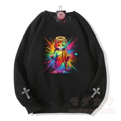 Modakawa Sweatshirt mit Regenbogen-Engel-Katzenkreuz-Grafik - Schwarz - 5XL - image 1
