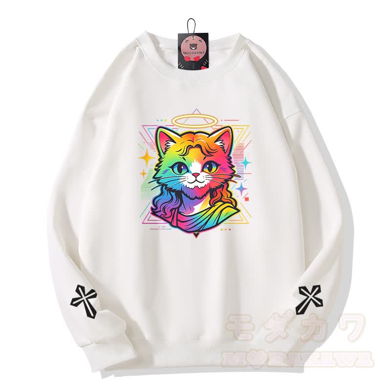 Modakawa Sweatshirt mit Regenbogen-Engel-Katzenkreuz-Grafik - Weiß - 5XL - image 2