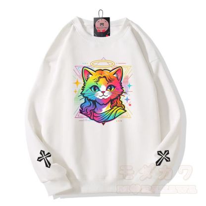Modakawa Sweatshirt mit Regenbogen-Engel-Katzenkreuz-Grafik - Weiß - 5XL - image 2