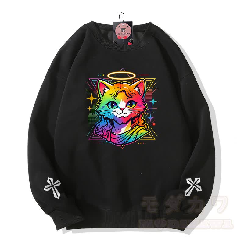 Modakawa Sweatshirt mit Regenbogen-Engel-Katzenkreuz-Grafik - Schwarz - 5XL - image 1