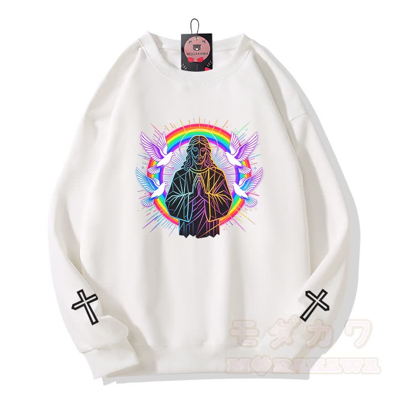 Modakawa Sweatshirt mit Gebetstauben-Kreuz-Grafik - Weiß - 5XL - image 2