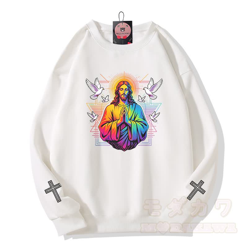 Modakawa Sweatshirt mit Regenbogen-Gebetstauben-Kreuz-Grafik - Weiß - 5XL - image 2