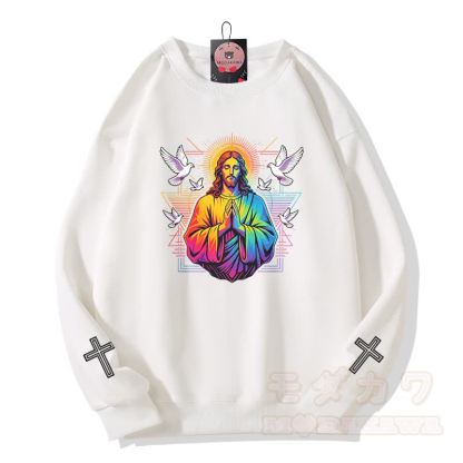 Modakawa Sweatshirt mit Regenbogen-Gebetstauben-Kreuz-Grafik - Weiß - 5XL - image 2