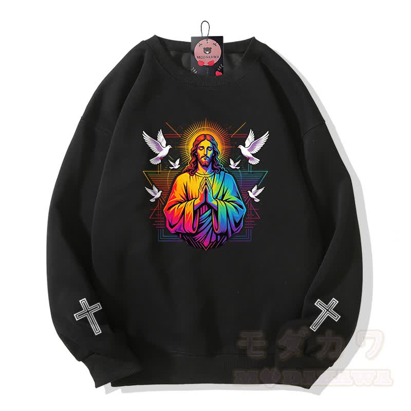Modakawa Sweatshirt mit Regenbogen-Gebetstauben-Kreuz-Grafik - Schwarz - 5XL - image 1