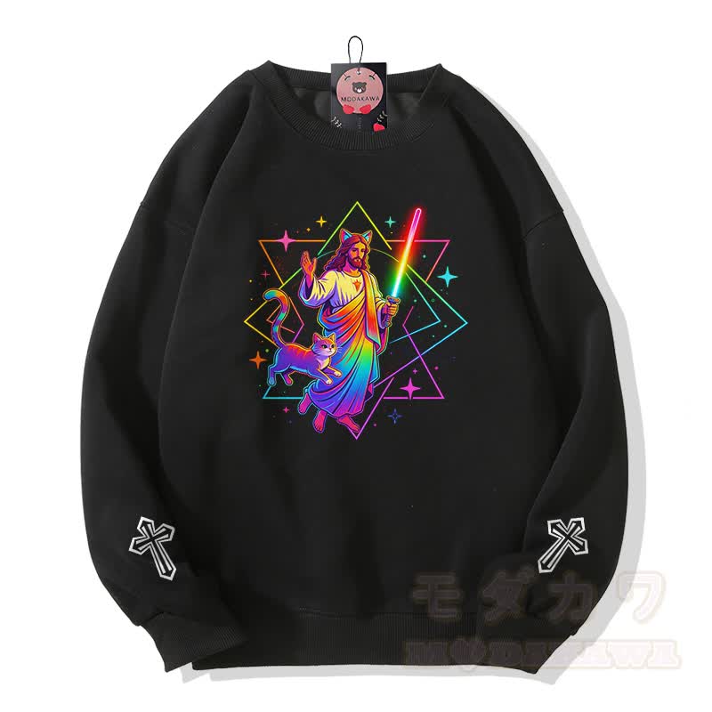 Modakawa Sweatshirt mit Regenbogen-Gebetskatzen-Kreuz-Grafik - Schwarz - 5XL - image 2