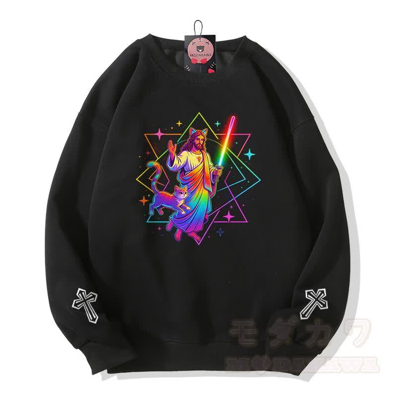 Modakawa Sweatshirt mit Regenbogen-Gebetskatzen-Kreuz-Grafik - Schwarz - 5XL - image 2