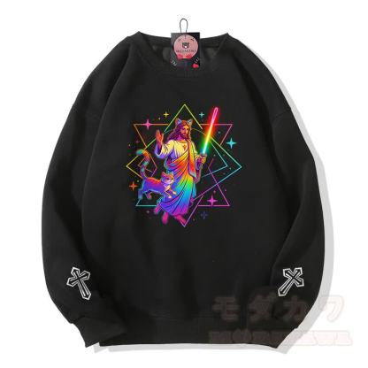 Modakawa Sweatshirt mit Regenbogen-Gebetskatzen-Kreuz-Grafik - Schwarz - 5XL - image 2