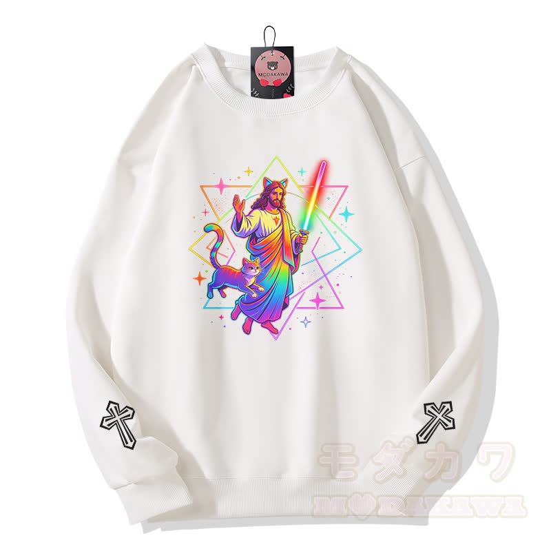 Modakawa Sweatshirt mit Regenbogen-Gebetskatzen-Kreuz-Grafik - Weiß - 5XL - image 1