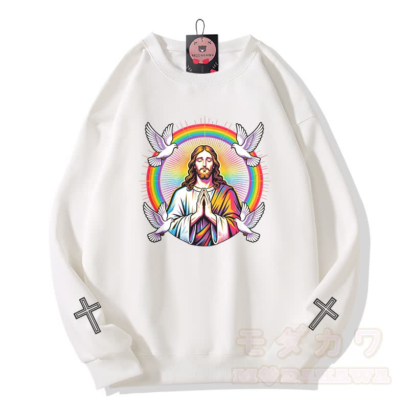 Modakawa Sweatshirt mit Regenbogen-Tauben-Kreuz-Motiv - Weiß - 5XL - image 2