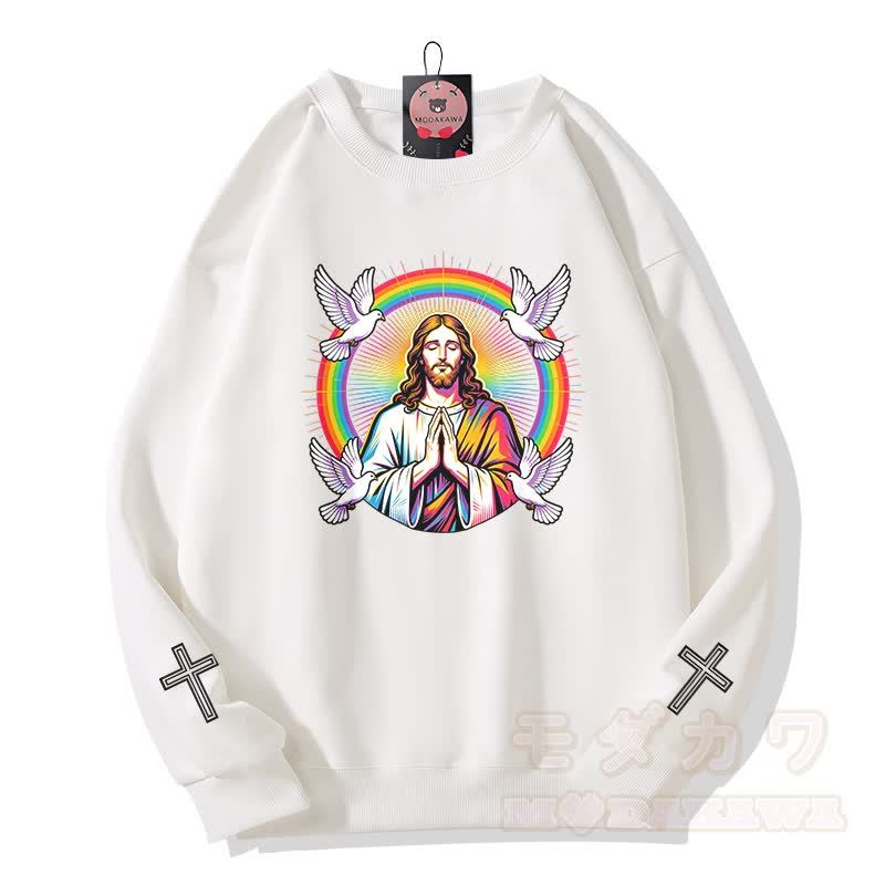 Modakawa Sweatshirt mit Regenbogen-Tauben-Kreuz-Motiv - Weiß - 5XL - image 2
