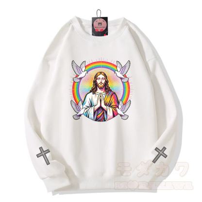 Modakawa Sweatshirt mit Regenbogen-Tauben-Kreuz-Motiv - Weiß - 5XL - image 2