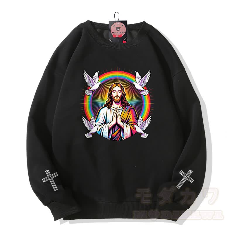 Modakawa Sweatshirt mit Regenbogen-Tauben-Kreuz-Motiv - Schwarz - 5XL - image 1