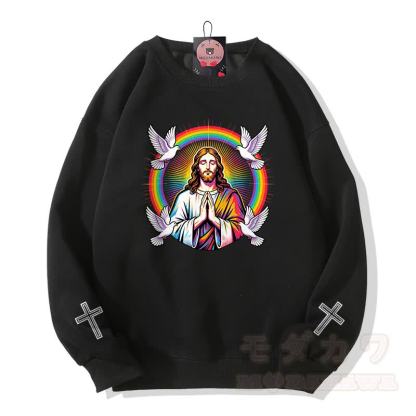 Modakawa Sweatshirt mit Regenbogen-Tauben-Kreuz-Motiv - Schwarz - 5XL - image 1