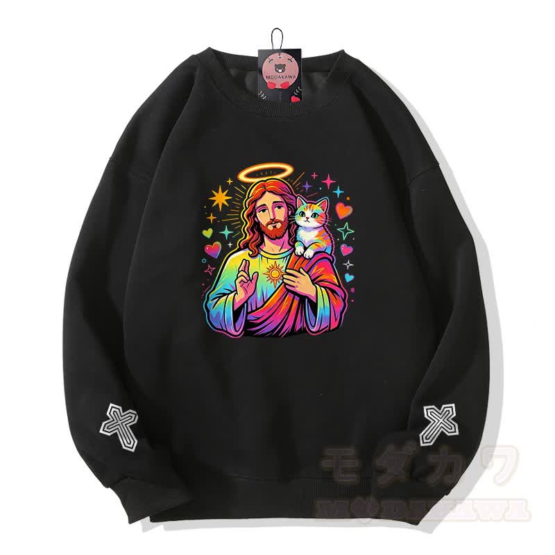 Modakawa Sweatshirt mit Regenbogen-Engel-Gebetskatzen-Kreuz-Grafik - Schwarz - 5XL - image 2