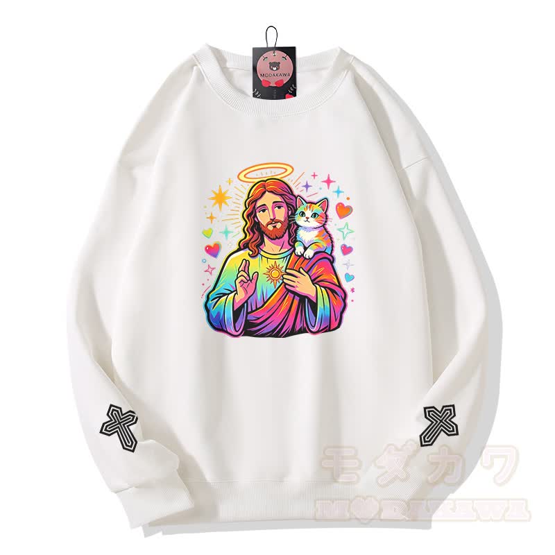 Modakawa Sweatshirt mit Regenbogen-Engel-Gebetskatzen-Kreuz-Grafik - Weiß - 5XL - image 1