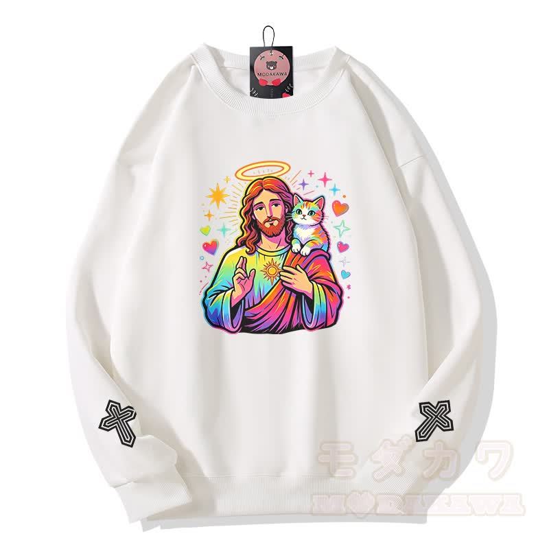 Modakawa Sweatshirt mit Regenbogen-Engel-Gebetskatzen-Kreuz-Grafik - Weiß - 5XL - image 1