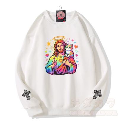 Modakawa Sweatshirt mit Regenbogen-Engel-Gebetskatzen-Kreuz-Grafik - Weiß - 5XL - image 1