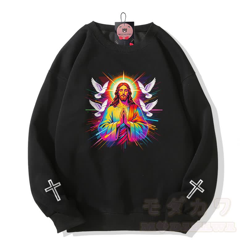 Modakawa Sweatshirt mit Regenbogen-Gebetstauben-Kreuz-Grafik - Schwarz - 5XL - image 2