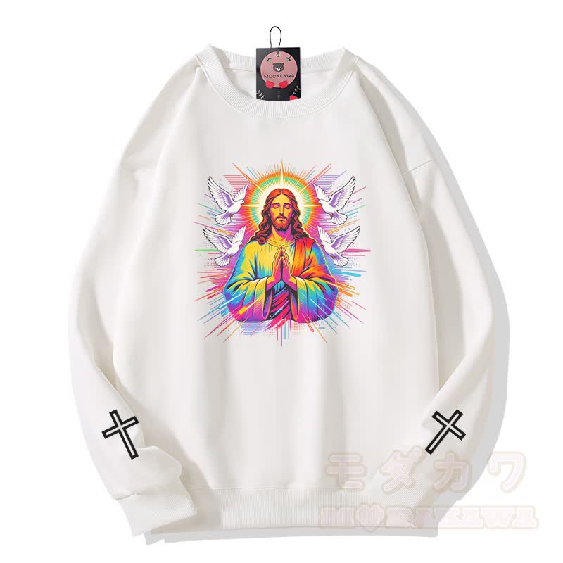 Modakawa Sweatshirt mit Regenbogen-Gebetstauben-Kreuz-Grafik - Weiß - 5XL - image 1