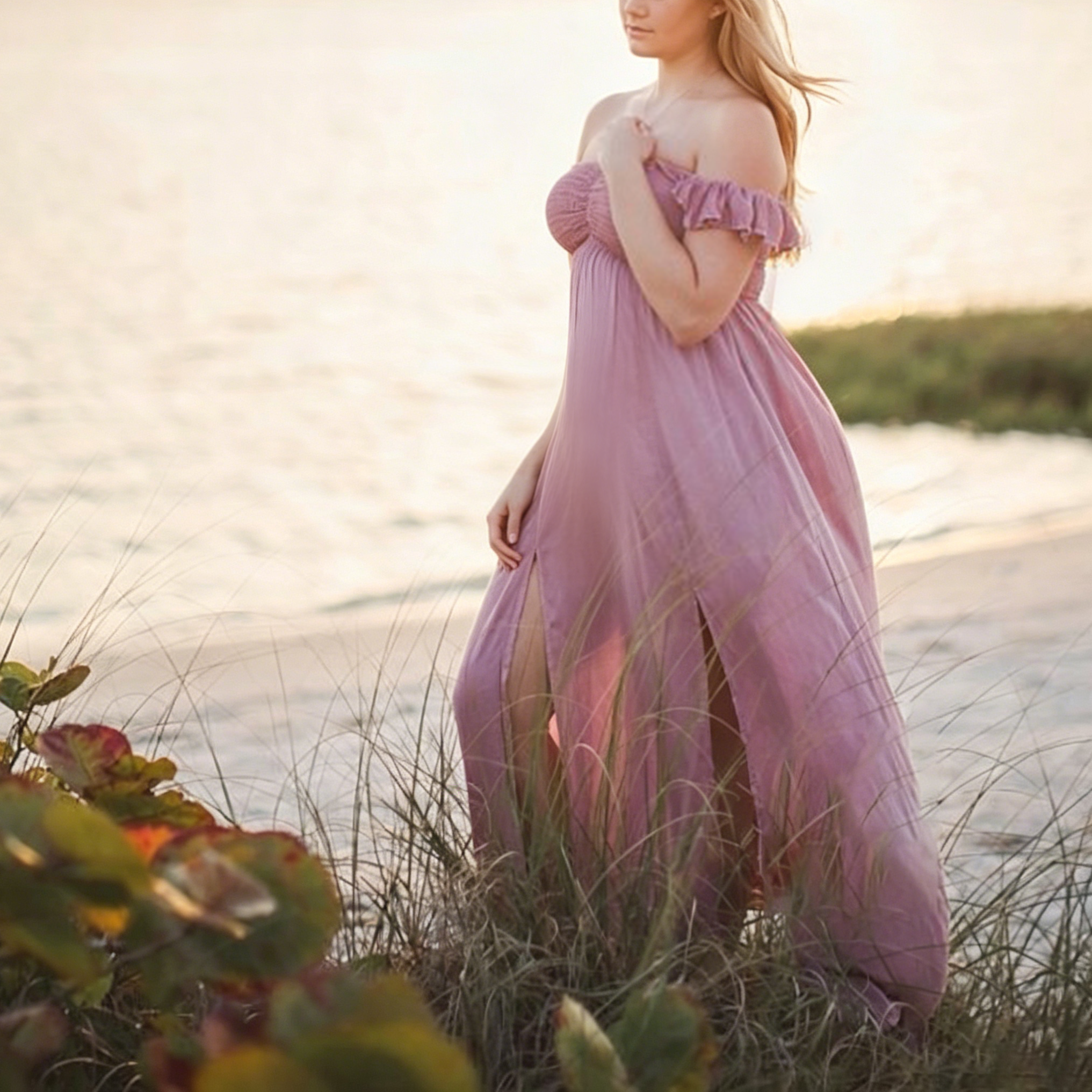 Schulterfreies Maxikleid mit Schlitz - Purple - L - image 1