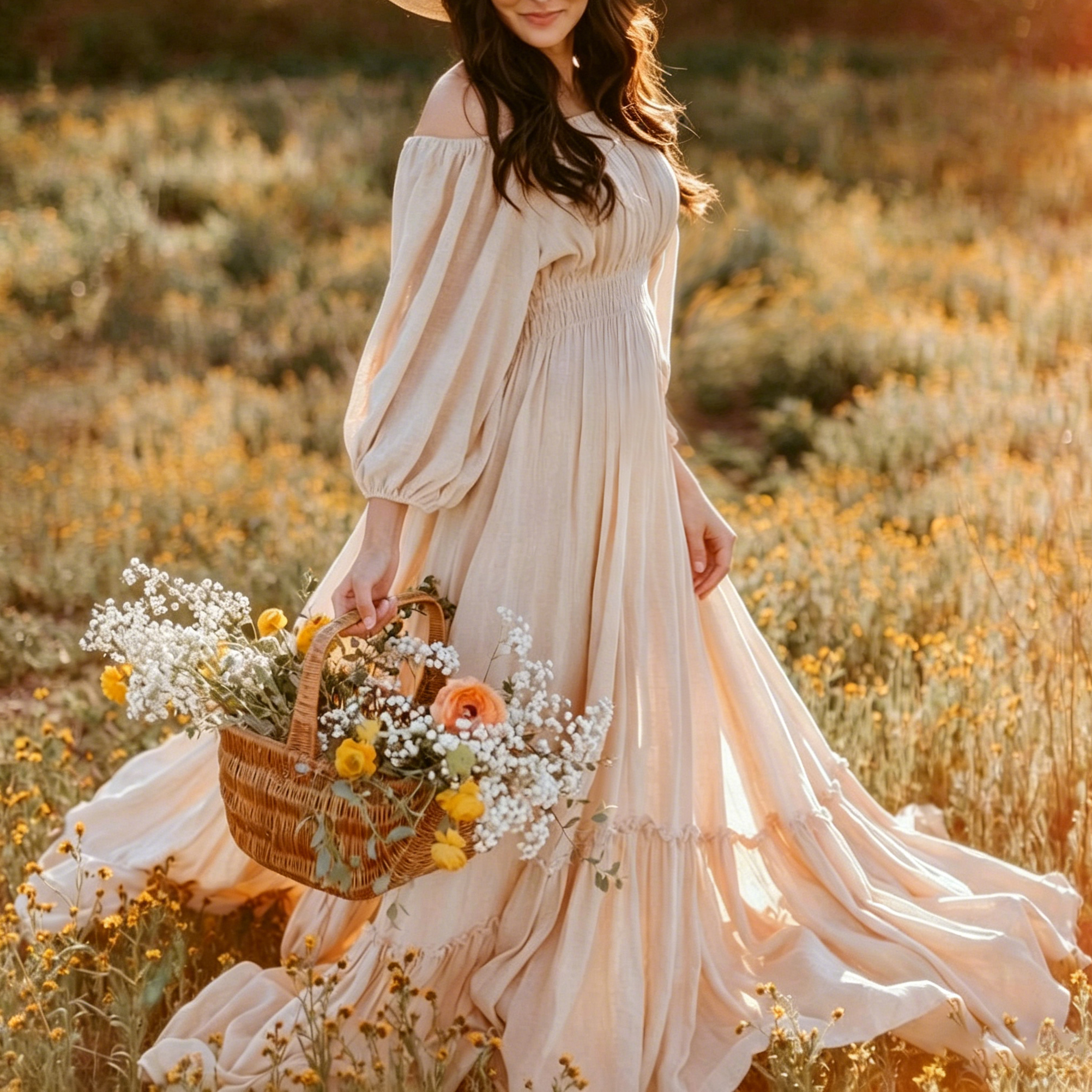 Cremefarbenes schulterfreies Maxikleid mit langen Ärmeln - Apricot - L - image 1