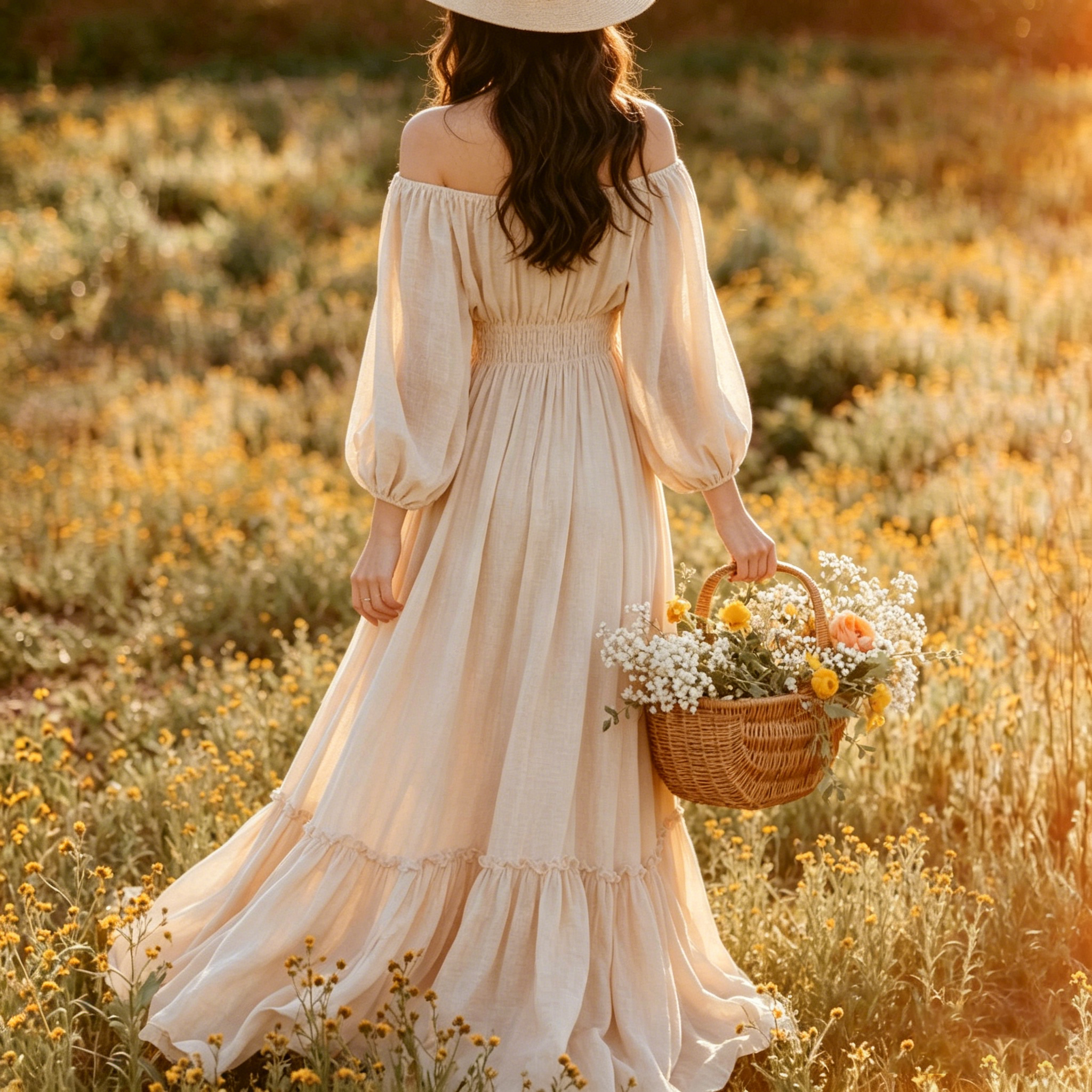 Cremefarbenes schulterfreies Maxikleid mit langen Ärmeln - image 2