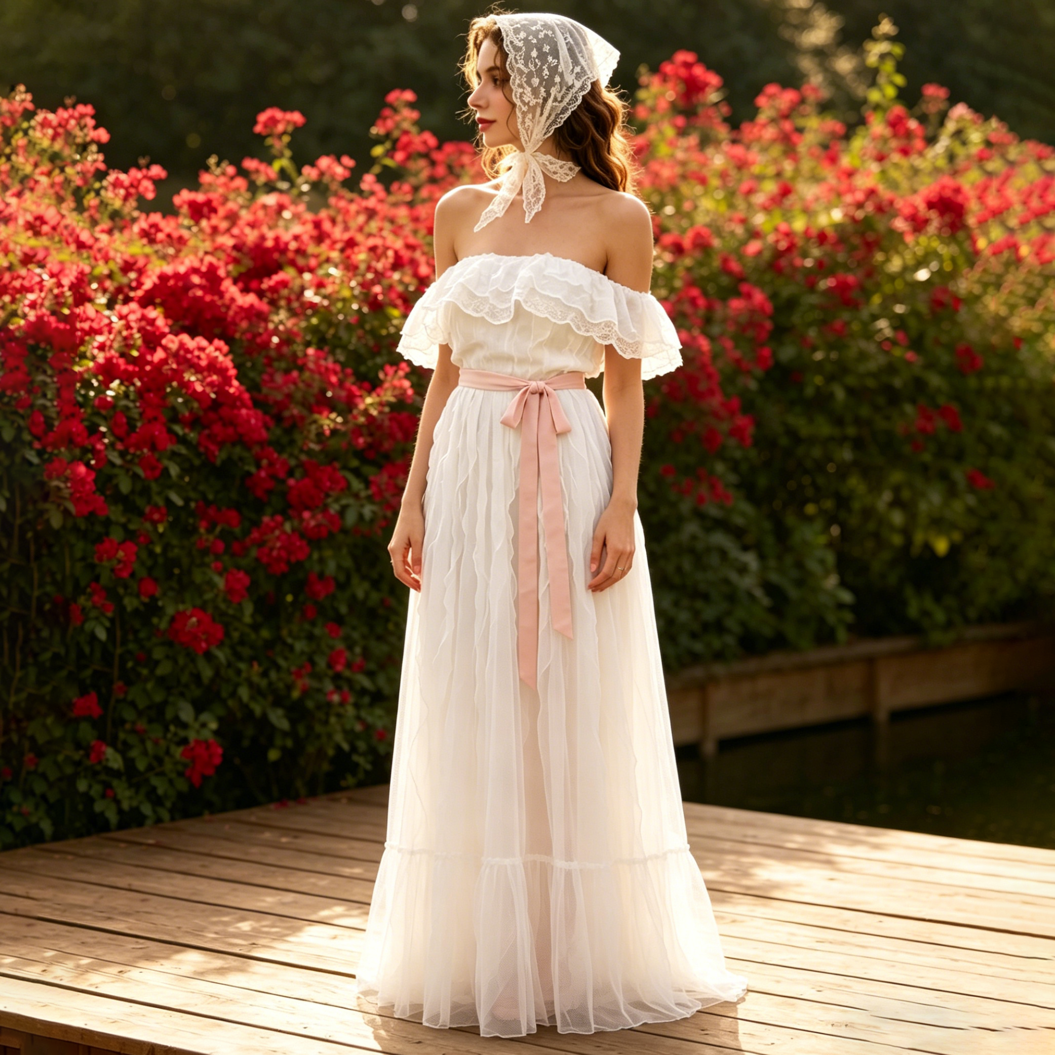 Rosa Maxikleid mit schulterfreiem Ausschnitt, Rüschen und Schärpe - White - L - image 1