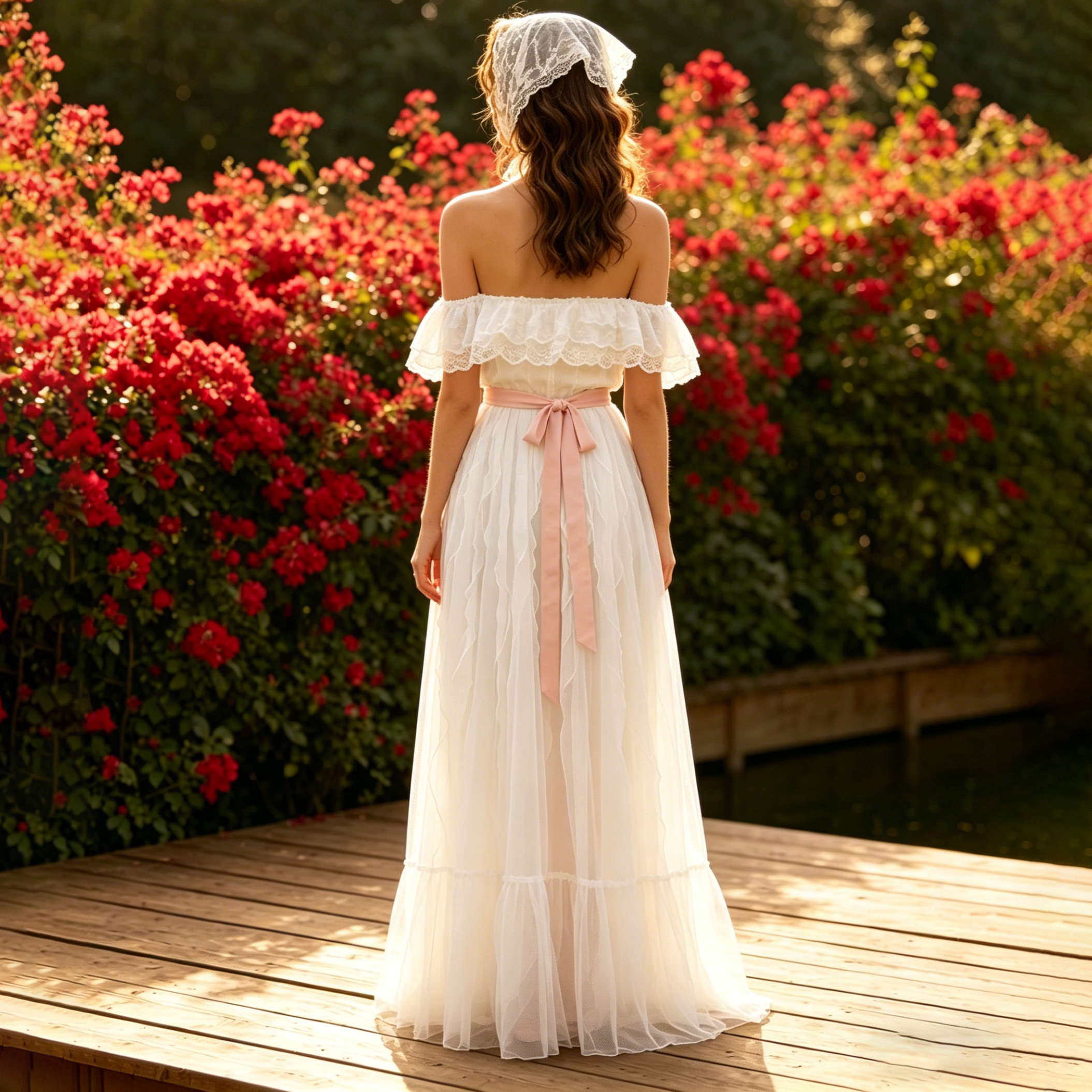 Rosa Maxikleid mit schulterfreiem Ausschnitt, Rüschen und Schärpe - image 2