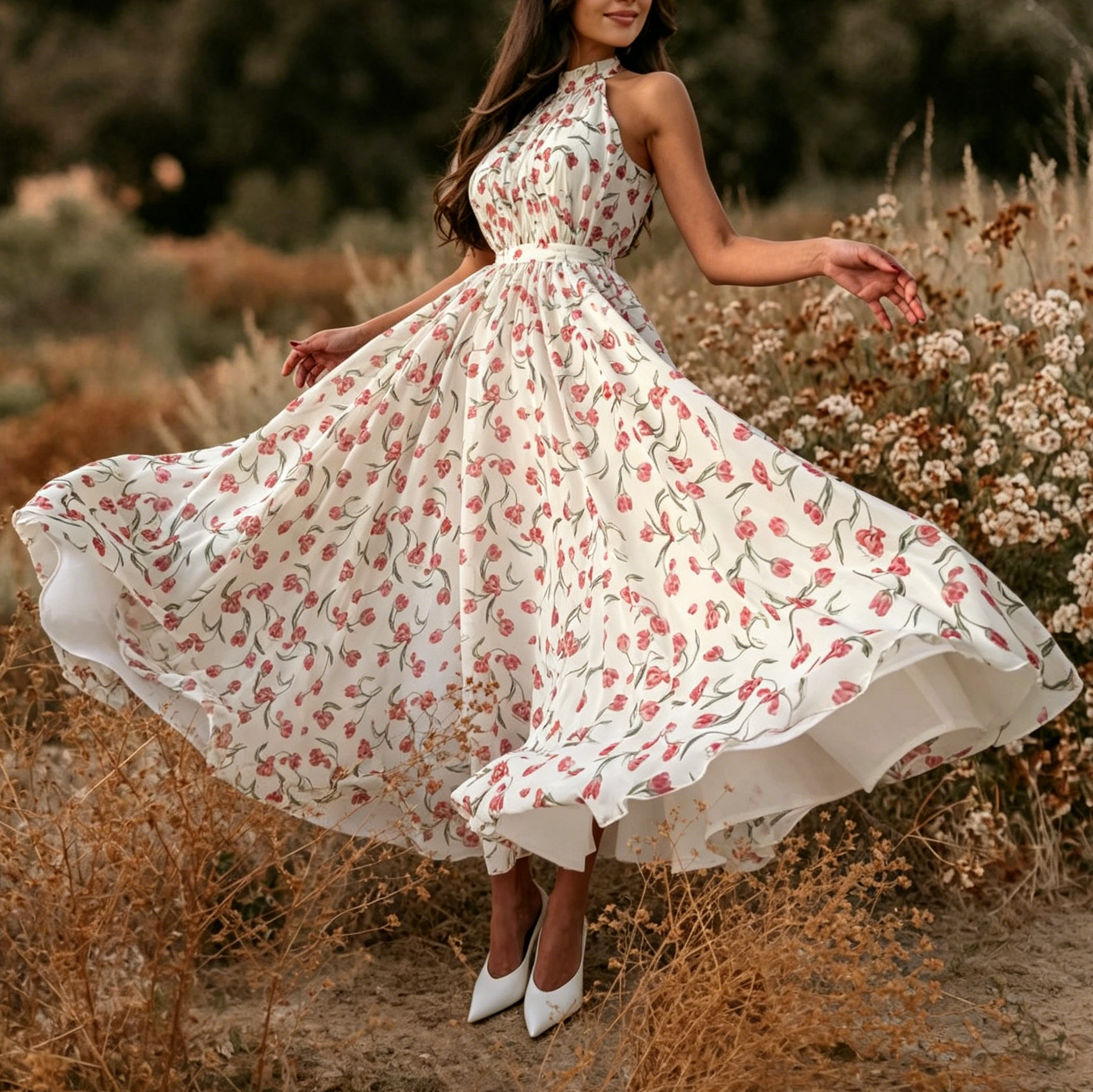 Ärmelloses, bedrucktes Neckholderkleid mit tailliertem Rock und weitem Rock - image 1