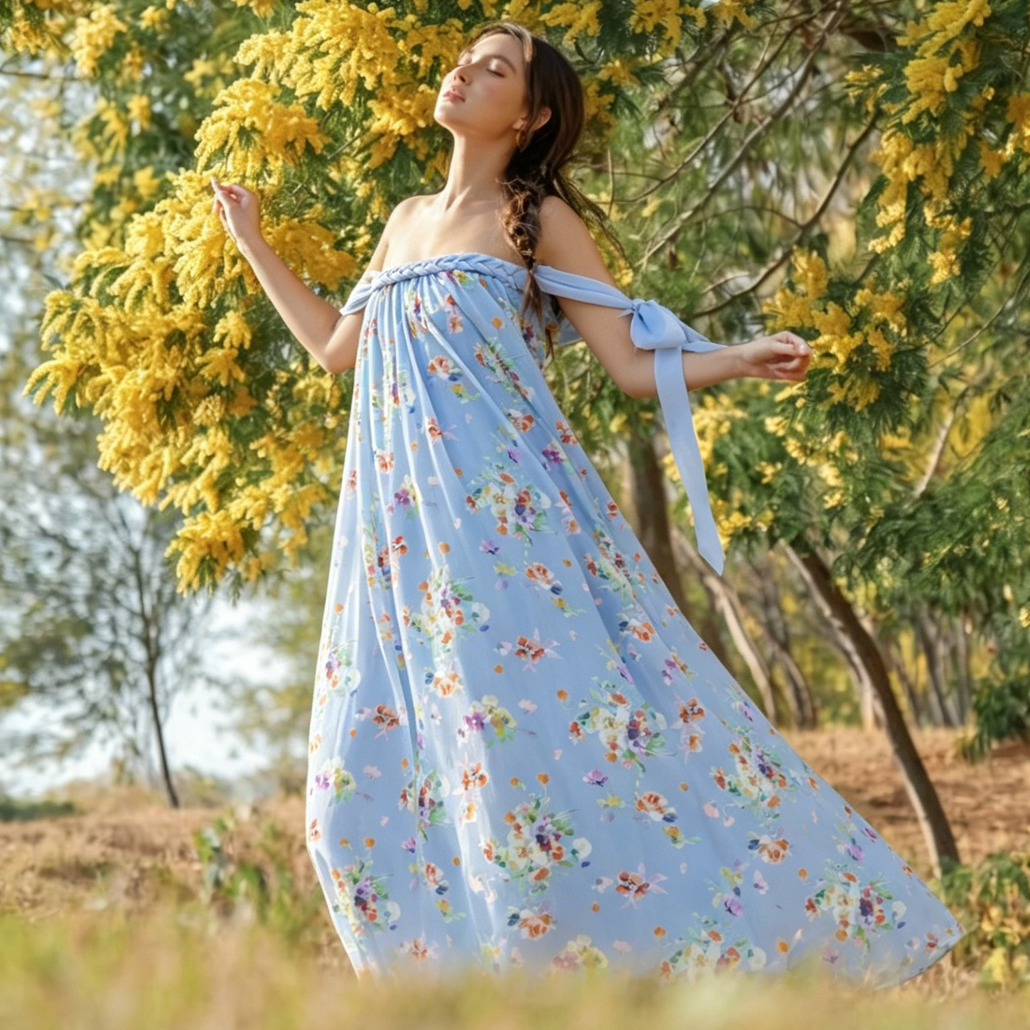 Blaues, geblümtes, schulterfreies Maxikleid - image 1