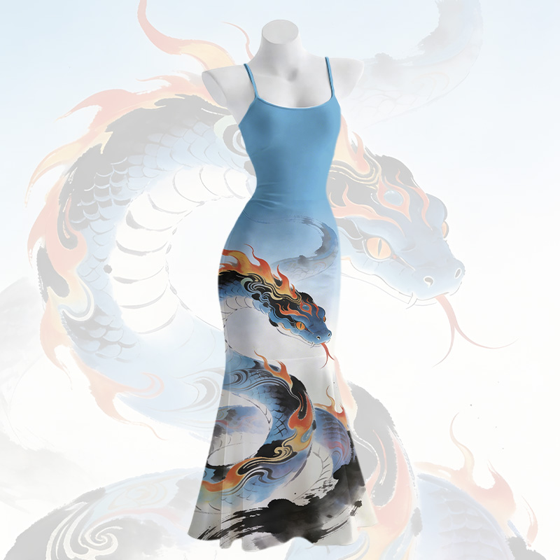 Maxikleid im Meerjungfrauenstil mit Flammen- und Schlangenmuster und Spaghettiträgern - Blue - 5XL - image 2